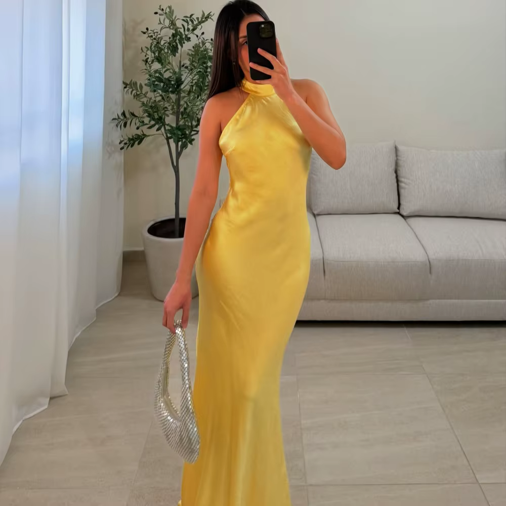 Elegant Halter Neck Sleeveless Floor-Length Mermaid Maxi Dress