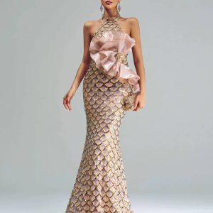 Elegant Halter Sequin Backless Geometric Floor Length Maxi Dress