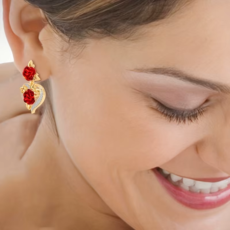 Elegant Heart Rose Flower Dangle Stud Anniversary Party Earrings