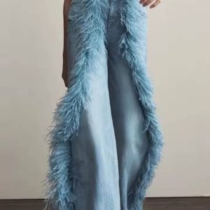 Elegant High Waist Patchwork Button Spliced Feather Wide Leg Jeans