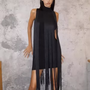 Elegant High Waist Turtleneck Patchwork Tassel Bodycon Mini Dress