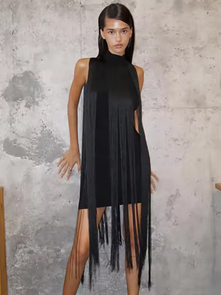 Elegant High Waist Turtleneck Patchwork Tassel Bodycon Mini Dress