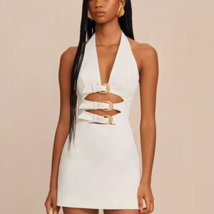 Elegant Hollow Out Diamond Metal Buckle Design Halter Mini Dress