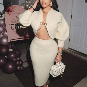 Elegant Knit Ribbed Lantern Sleeve Cardigan Crop Tops and Long Skirt 2 Piece Set