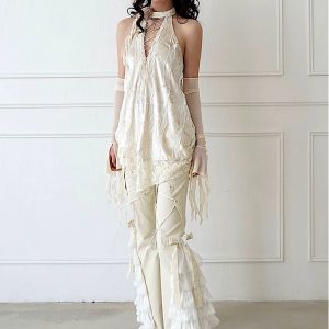 Elegant Lace Bandage Stitching High Waist Gothic Pants