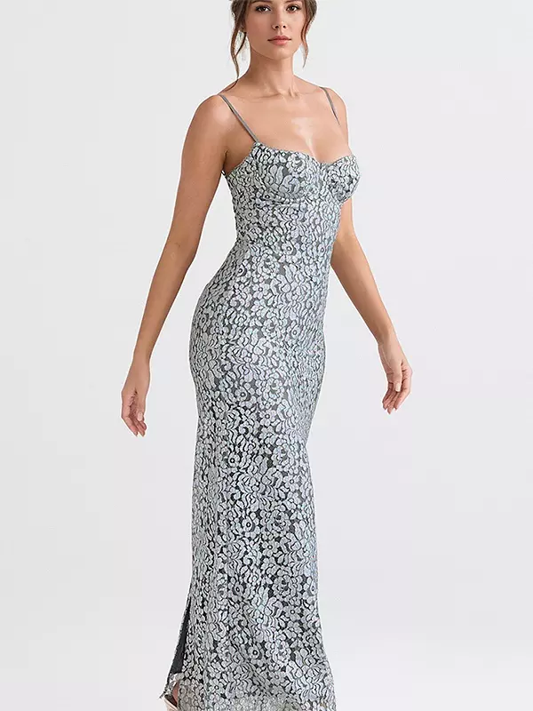 Elegant Lace Sweetheart Neckline Spaghetti Straps Bodycon Maxi Dress - Image 3