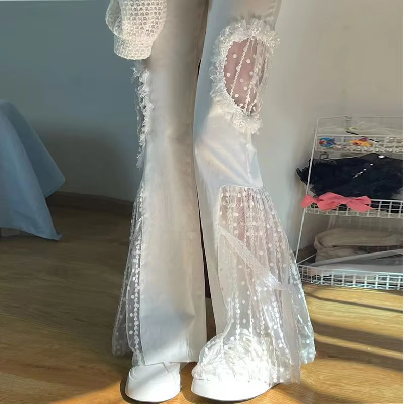 Elegant Lace Cut Out Spliced Pocket Lacework High Waist Flare Pants - Image 5