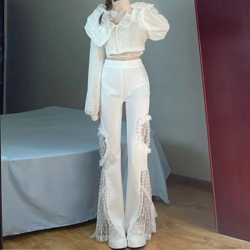 Elegant Lace Cut Out Spliced Pocket Lacework High Waist Flare Pants - Image 2