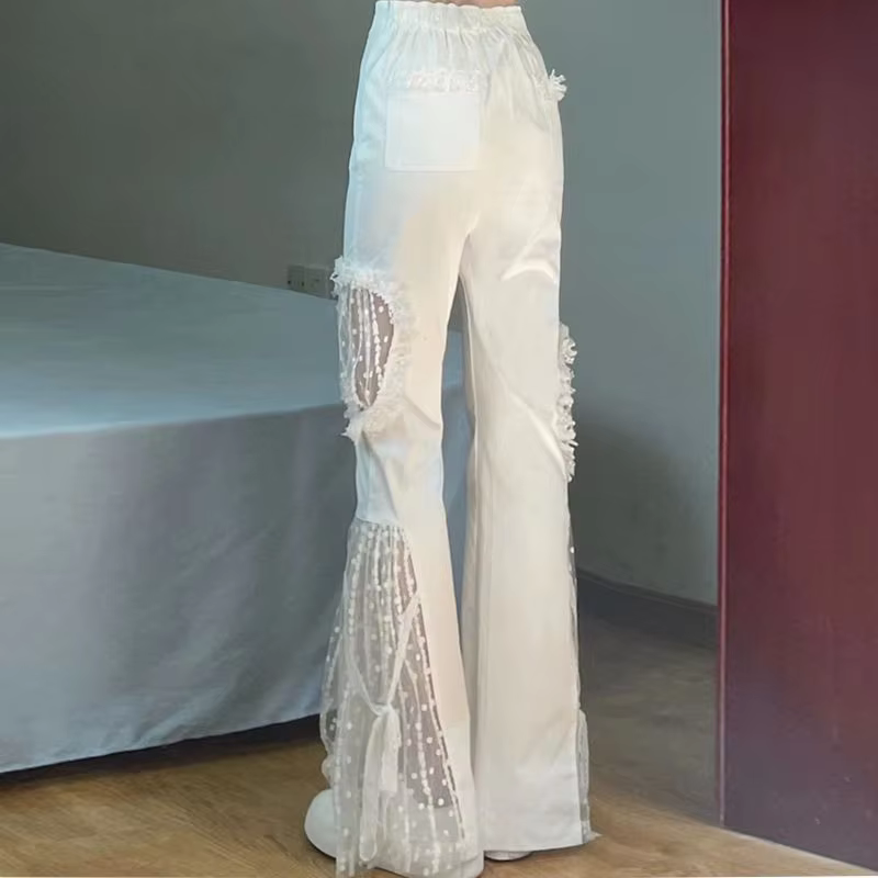 Elegant Lace Cut Out Spliced Pocket Lacework High Waist Flare Pants - Image 6