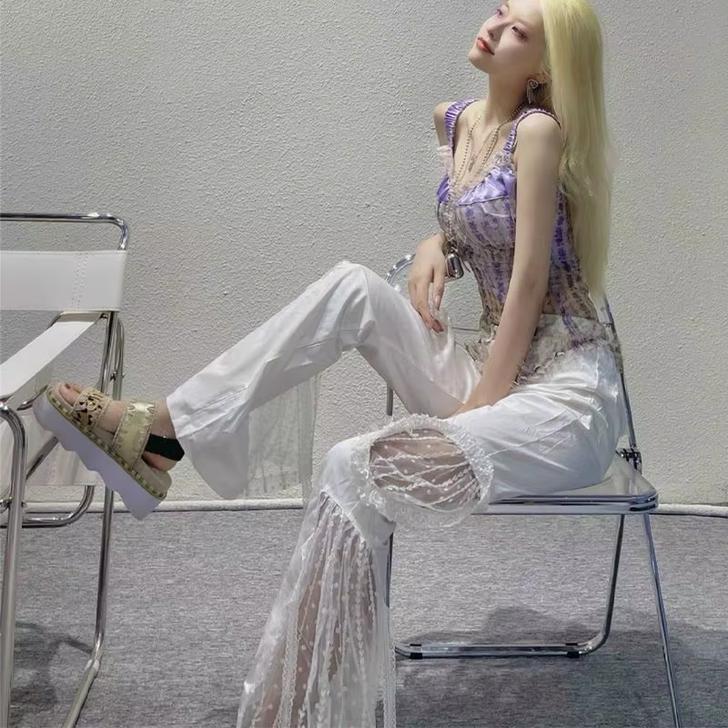 Elegant Lace Cut Out Spliced Pocket Lacework High Waist Flare Pants