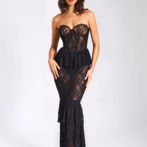 Elegant Lace Sleeveless Slim Fit Skinny Ruffle Edge Pleated Maxi Dress