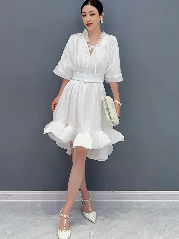 Elegant Lace Up 3D Ruffle Edge Large Swing Mini Dress - Image 5