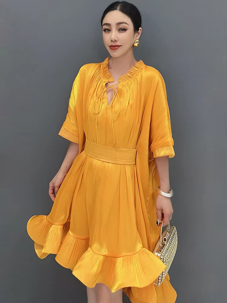 Elegant Lace Up 3D Ruffle Edge Large Swing Mini Dress - Image 2