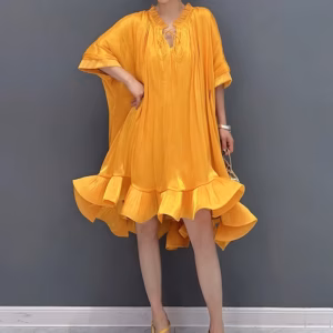 Elegant Lace Up 3D Ruffle Edge Large Swing Mini Dress55 Elegant Lace Up 3D Ruffle Edge Large Swing Mini Dress