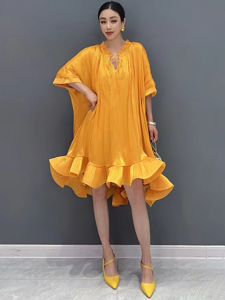 Elegant Lace Up 3D Ruffle Edge Large Swing Mini Dress