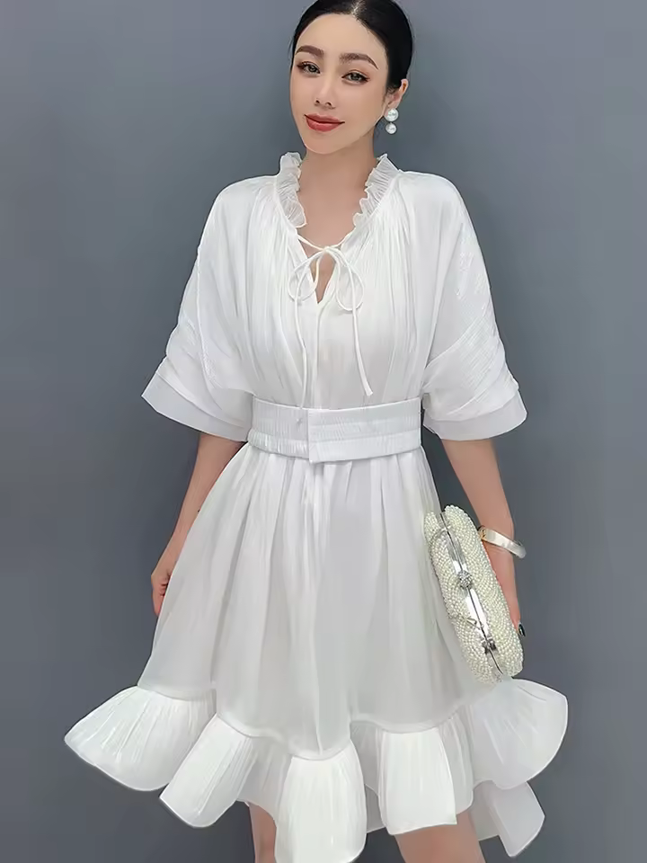 Elegant Lace Up 3D Ruffle Edge Large Swing Mini Dress - Image 4