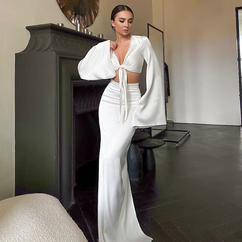 Elegant Lace Up Flare Sleeves Top And Skirt Satin Slim Two Piece Set