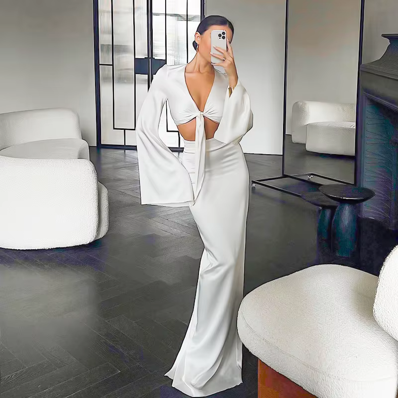 Elegant Lace Up Flare Sleeves Top And Skirt Satin Slim Two Piece Set - Image 2