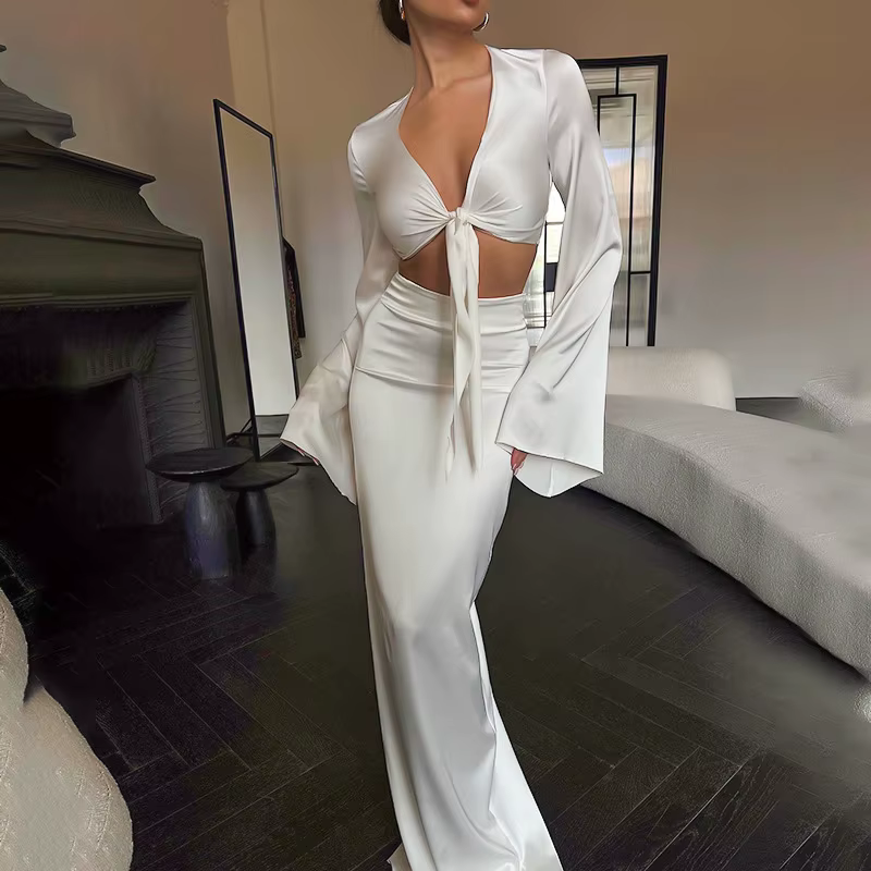 Elegant Lace Up Flare Sleeves Top And Skirt Satin Slim Two Piece Set - Image 5