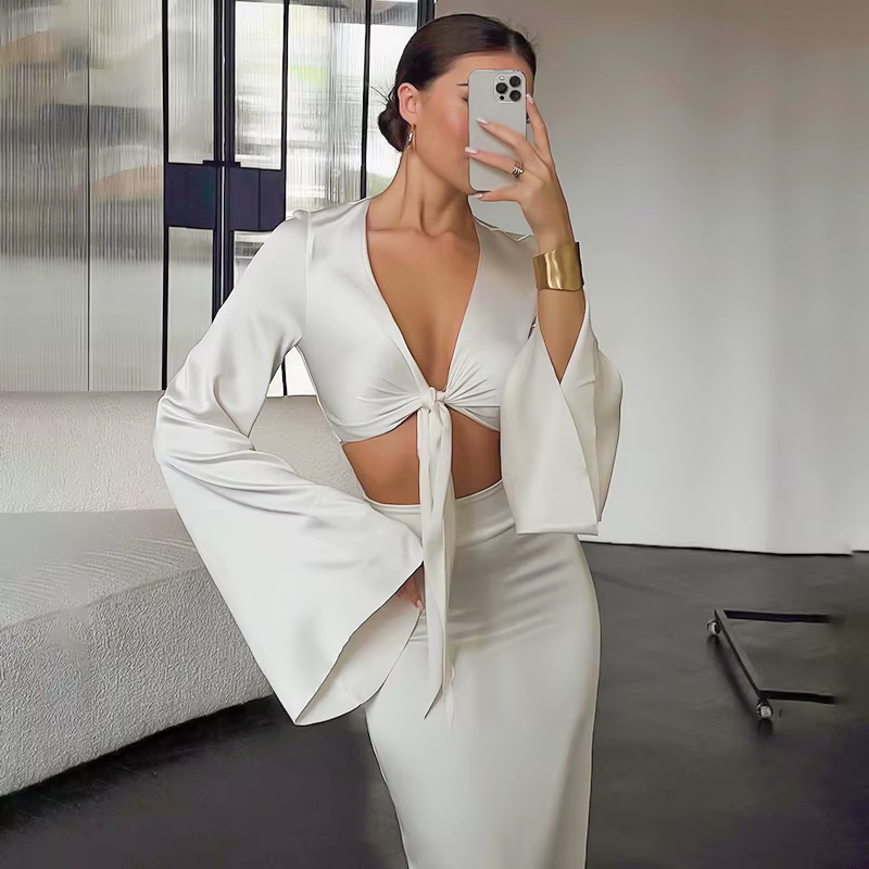 Elegant Lace Up Flare Sleeves Top And Skirt Satin Slim Two Piece Set - Image 6