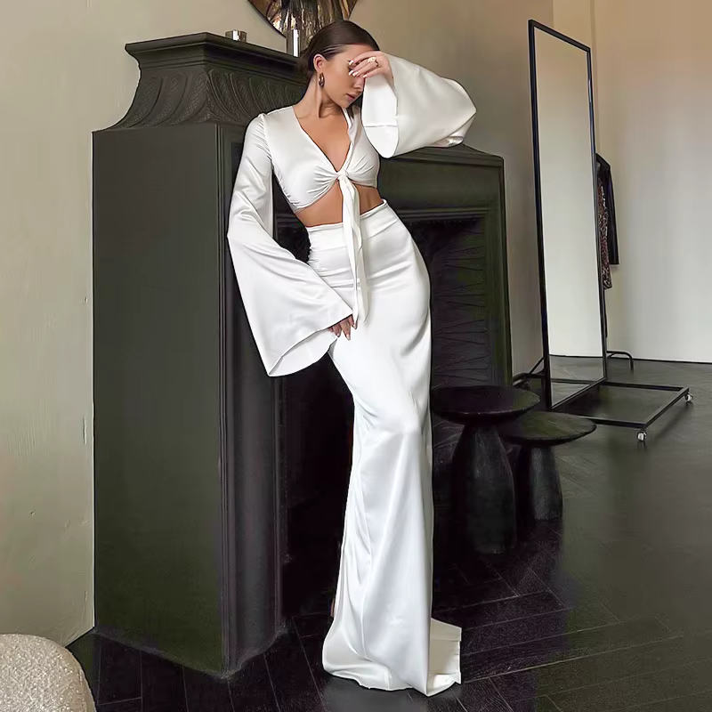 Elegant Lace Up Flare Sleeves Top And Skirt Satin Slim Two Piece Set - Image 3