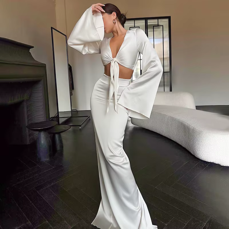 Elegant Lace Up Flare Sleeves Top And Skirt Satin Slim Two Piece Set - Image 4