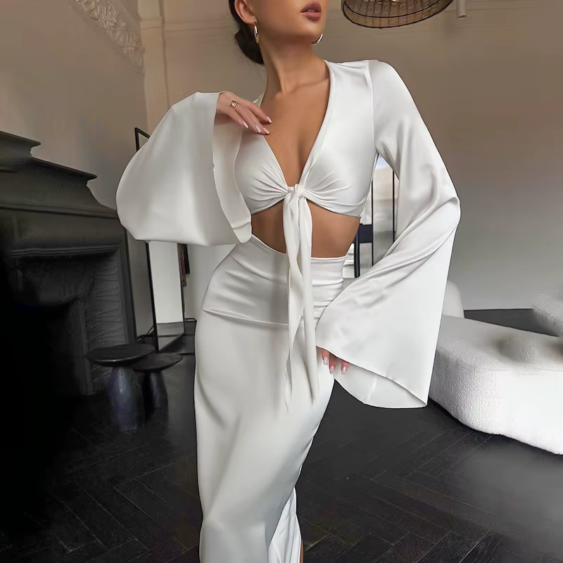 Elegant Lace Up Flare Sleeves Top And Skirt Satin Slim Two Piece Set - Image 8