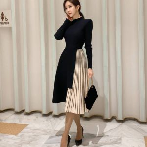 Elegant Lace-Up Waist Mid-Length Knitted large Skirt Sweater Dress