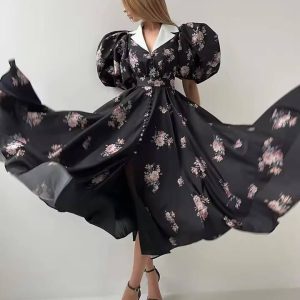 Elegant Lapel Single Breasted Lace-Up Pleated Printed Midi Dress