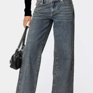 Elegant Leopard Heart Baggy Jeans Low-Rise Wide Leg Denim Pants