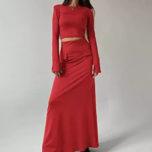 Elegant Long Skirt  Long Sleeve Street Wear Crop Top Two Piece Set