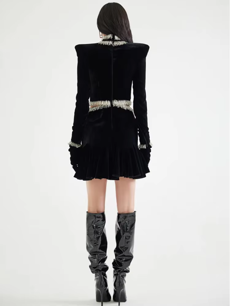 Elegant Long Sleeve Beaded Velvet Hollow Designer Mini Dress - Image 3