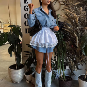 Elegant Long Sleeve Blouses With High Waist Mini Skirt Two Pieces Set