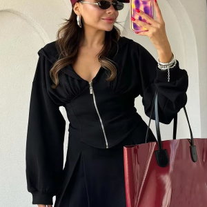 Elegant Long Sleeve Crop Top With High Waist Mini Skirt Two Pieces Set