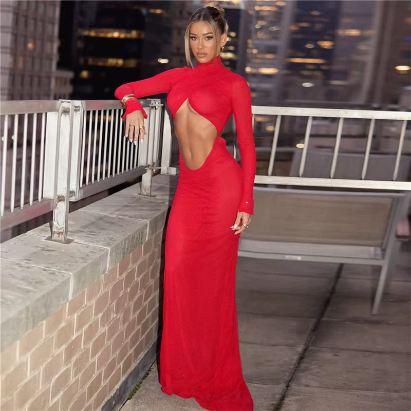 Elegant Long Sleeve Ruched Backless Cut Out Maxi Dress
