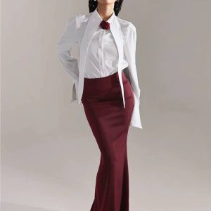 Elegant Long Sleeve Shirt With High Waist Maxi Skirt Two Pieces Set