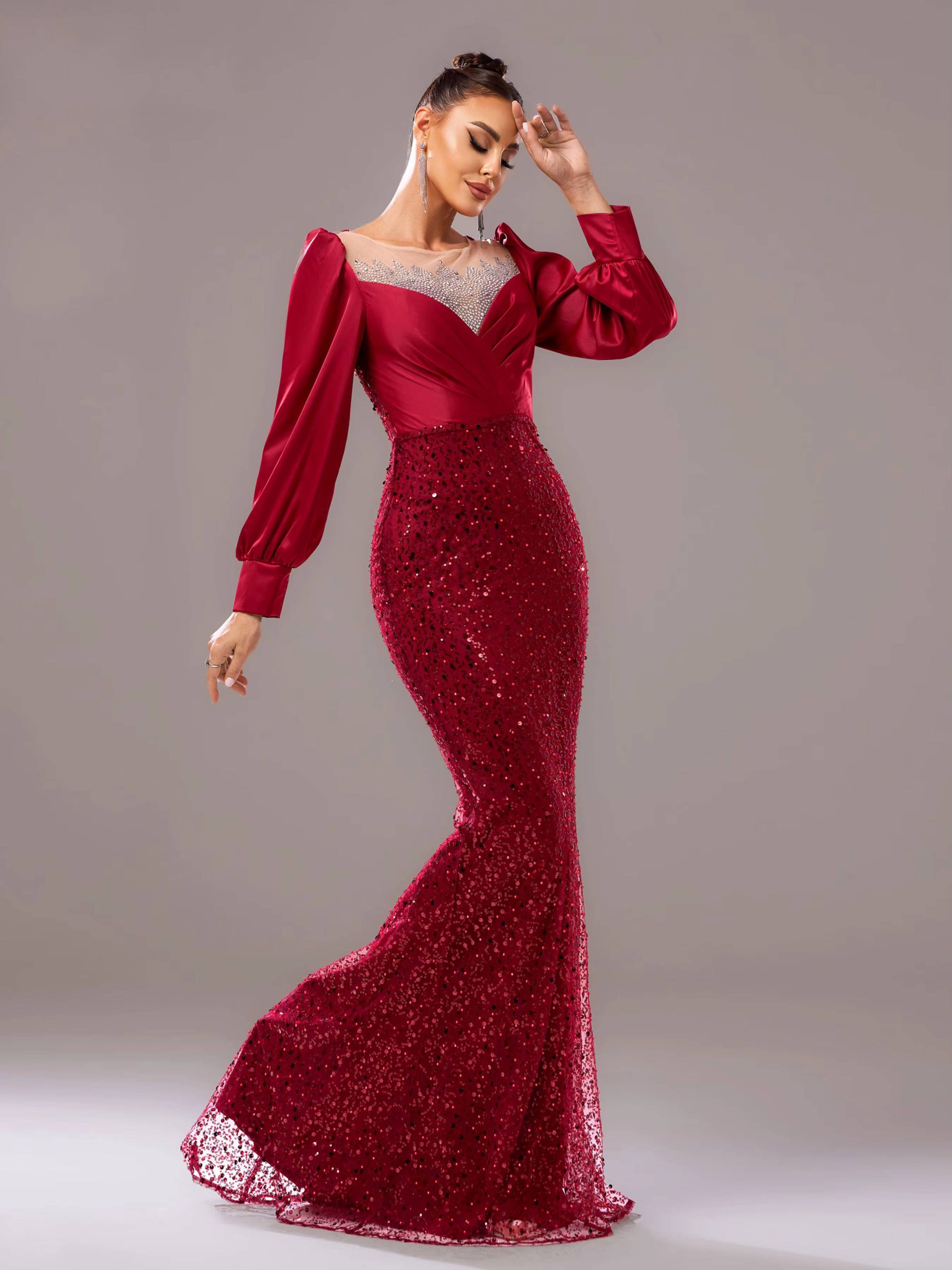 Elegant Long Sleeved Sequin Mermaid Birthday Party Maxi Dress - Image 3