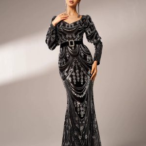 Elegant Long Sleeved Sequin Mermaid Birthday Party Maxi Dress