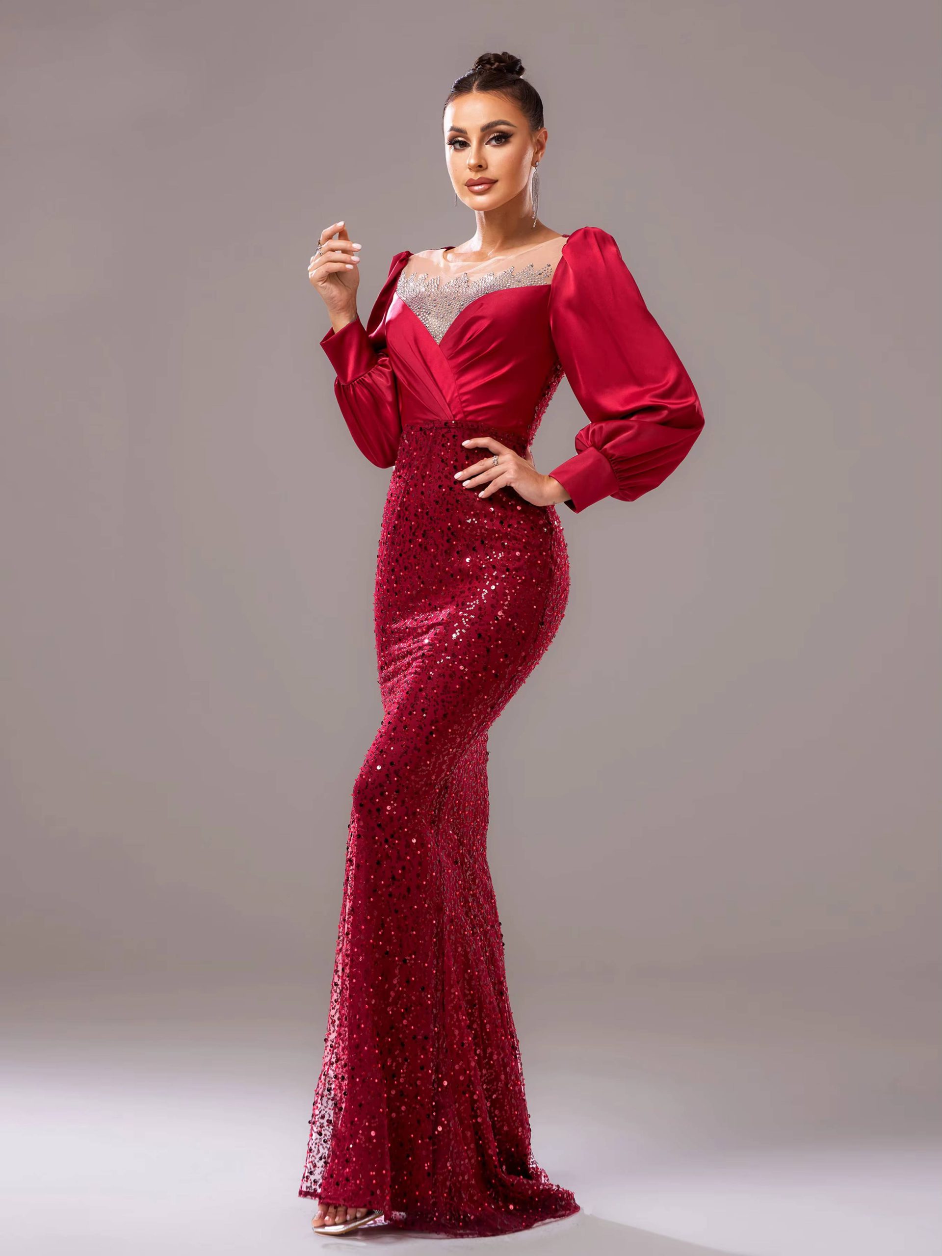 Elegant Long Sleeved Sequin Mermaid Birthday Party Maxi Dress