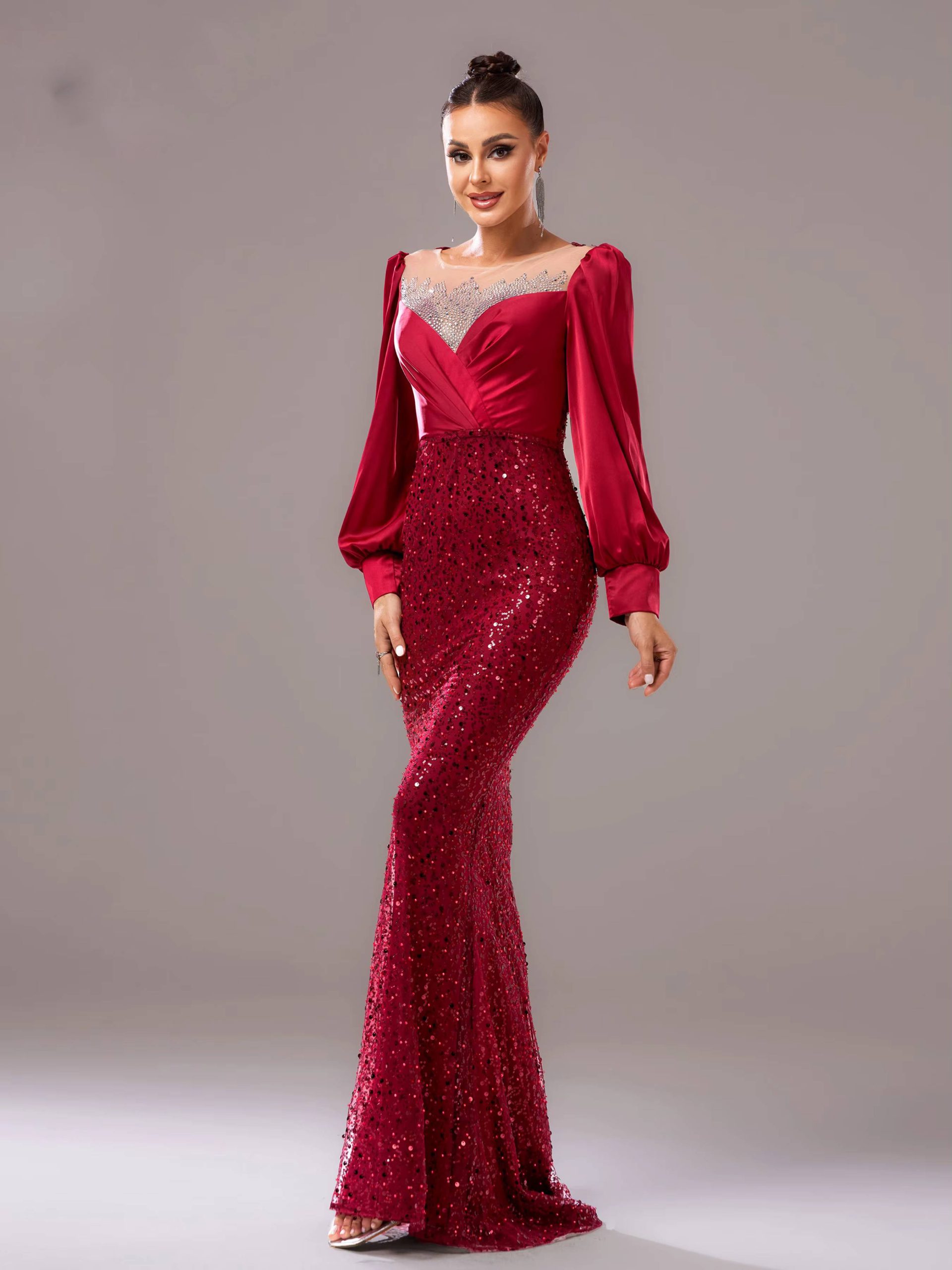 Elegant Long Sleeved Sequin Mermaid Birthday Party Maxi Dress - Image 5