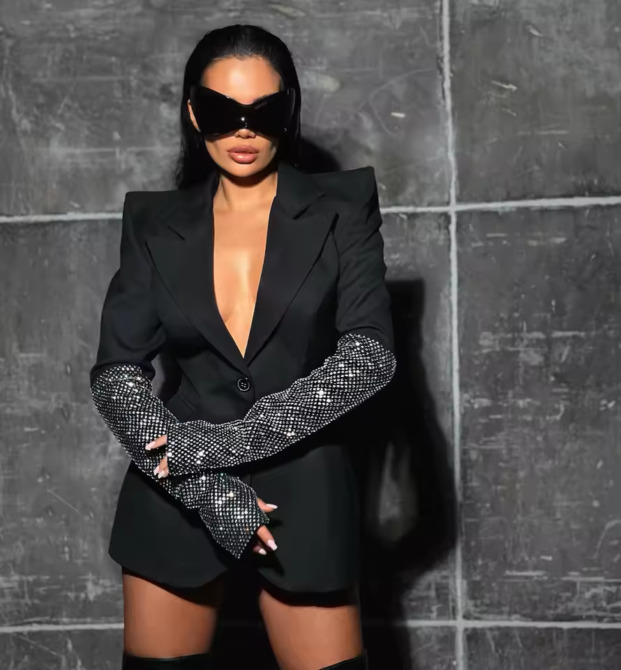 Elegant Mesh Network Patchwork High Street Celebrity Blazer Dress - Image 3