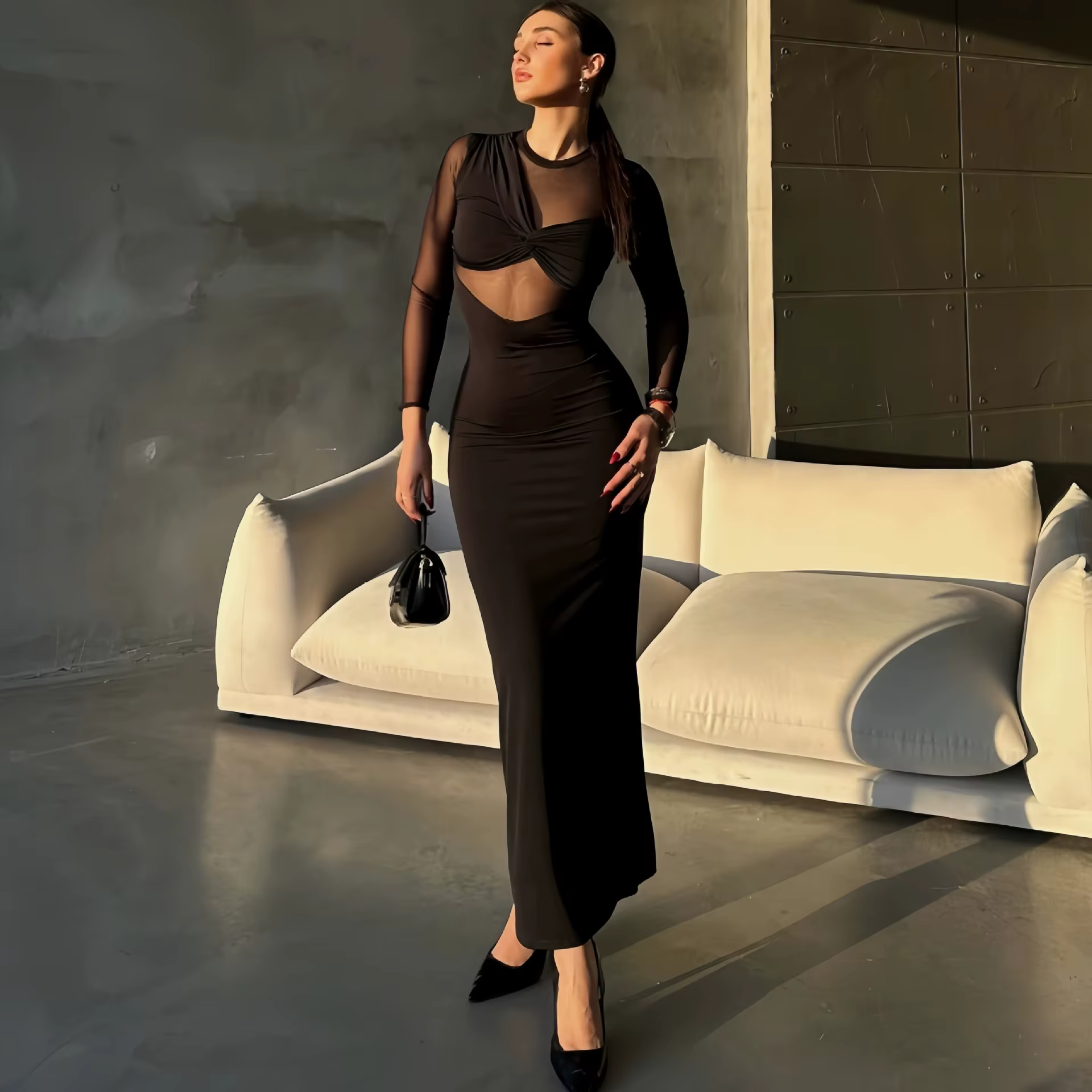 Elegant Mesh Patchwork Long Sleeve Bodycon Ankle-length Maxi Dress