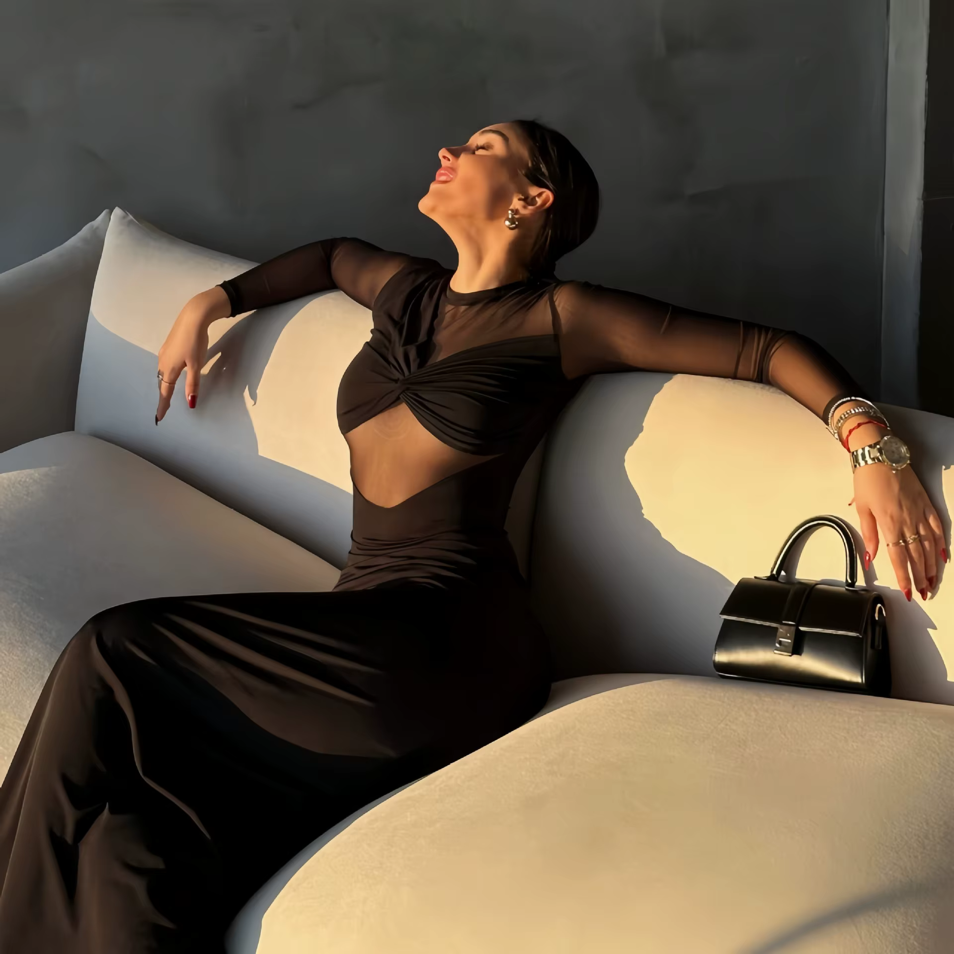 Elegant Mesh Patchwork Long Sleeve Bodycon Ankle-length Maxi Dress - Image 3