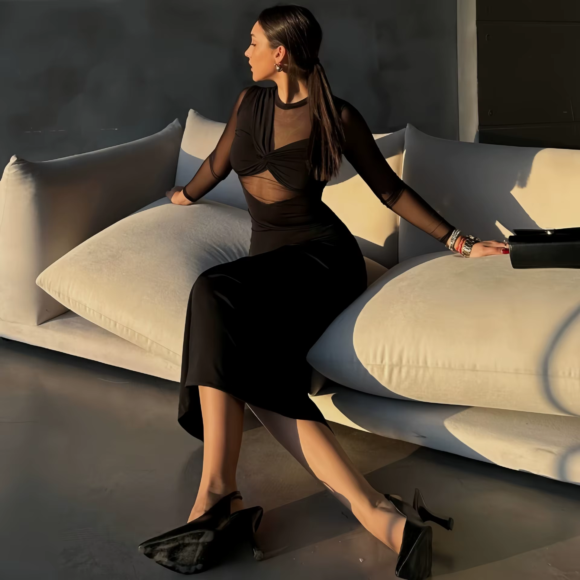 Elegant Mesh Patchwork Long Sleeve Bodycon Ankle-length Maxi Dress - Image 2