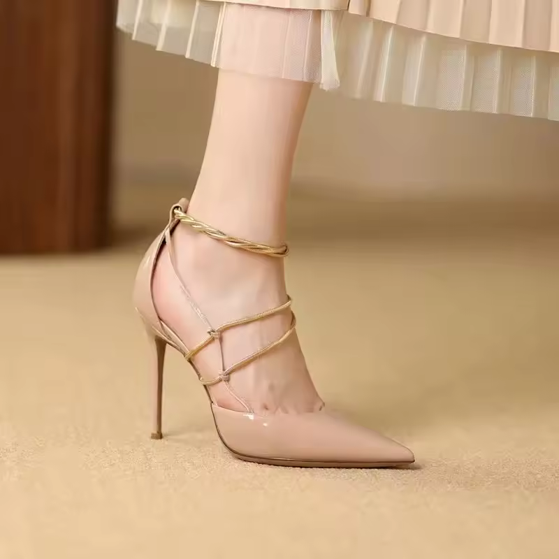 Elegant Metal Chain Pointed toe Patent Leather Stiletto High heels Wedding Banquet Shoes - Image 4