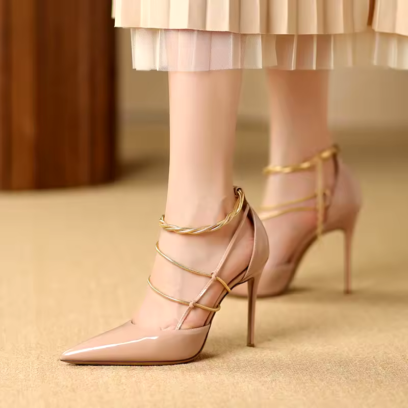 Elegant Metal Chain Pointed toe Patent Leather Stiletto High heels Wedding Banquet Shoes - Image 3