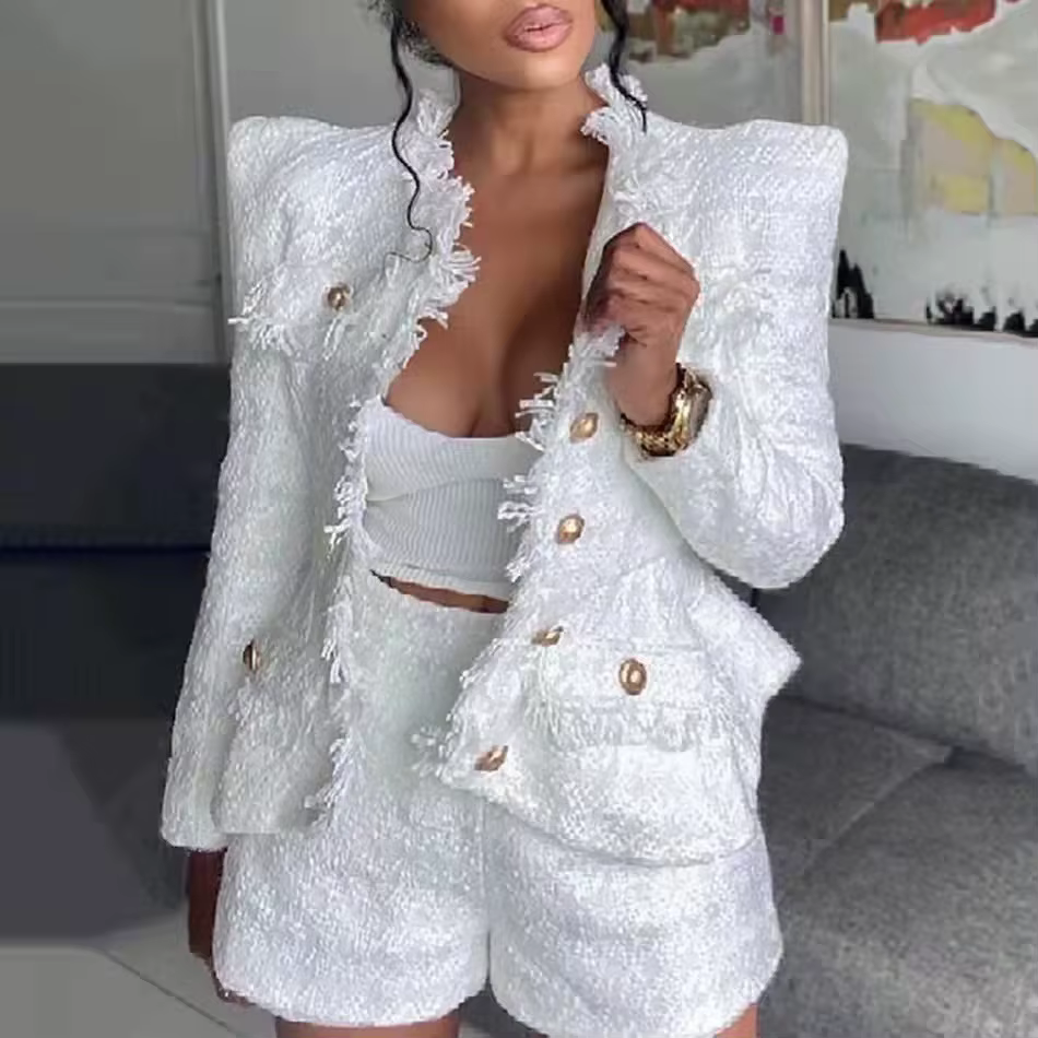Elegant O-Neck Long Sleeve Single Breasted Jacket And Short 2 Two-Piece Set - Image 8