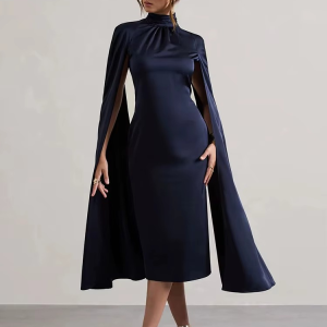 Elegant O-neck Split Extra Long Sleeve High Waist Slim Mid-Calf Celebrity Dress