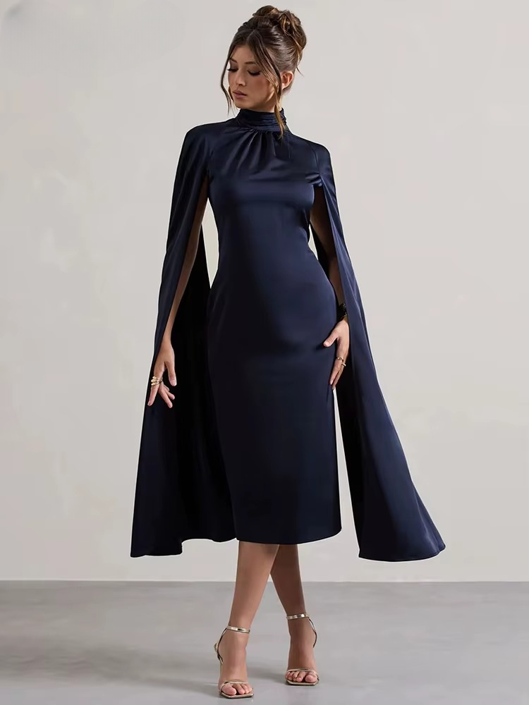 Elegant O-neck Split Extra Long Sleeve High Waist Slim Mid-Calf Celebrity Dress