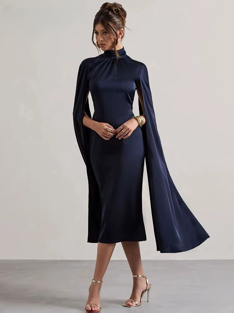 Elegant O-neck Split Extra Long Sleeve High Waist Slim Mid-Calf Celebrity Dress - Image 2